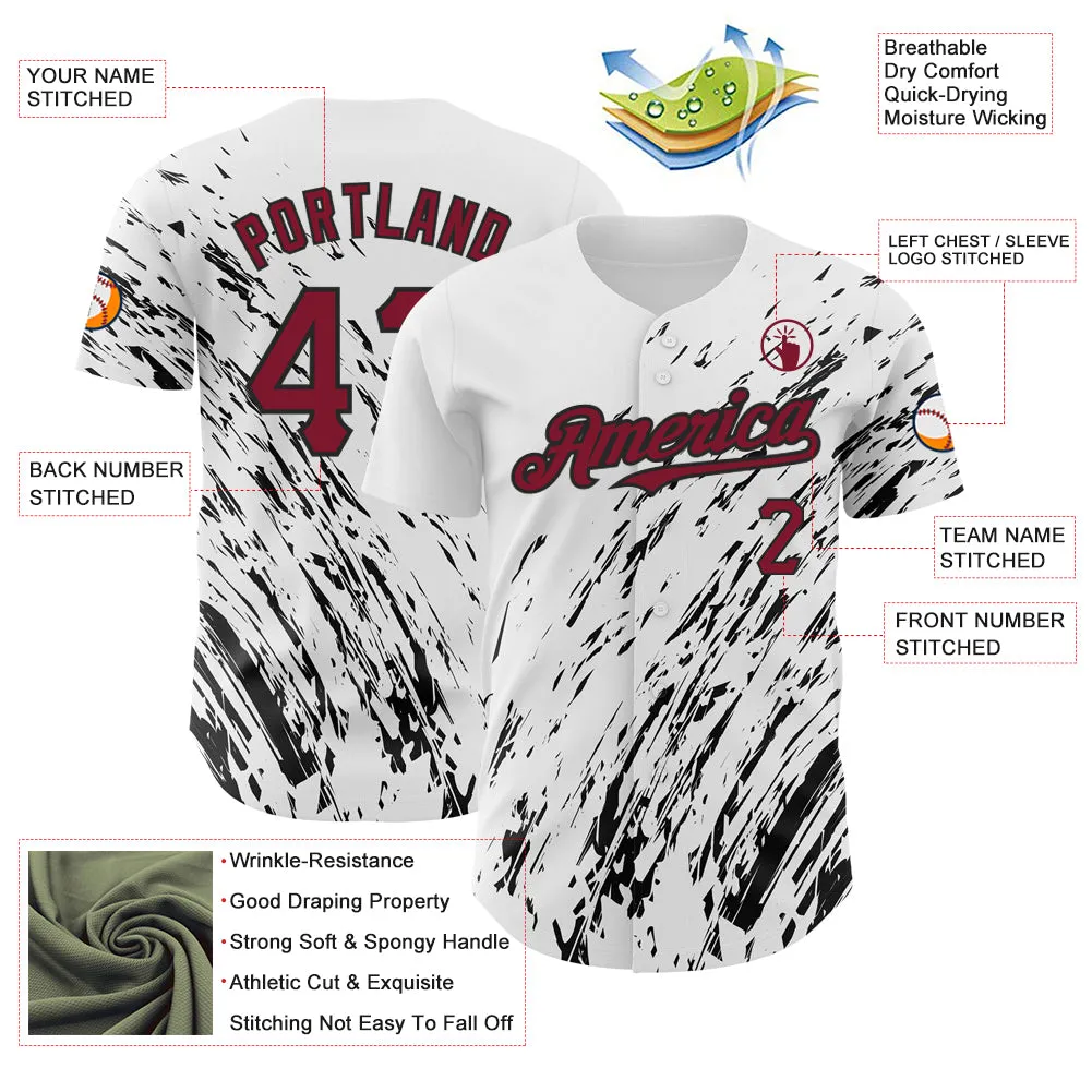 Custom White Crimson-Black 3D Pattern Design Abstract Splash Authentic Baseball Jersey