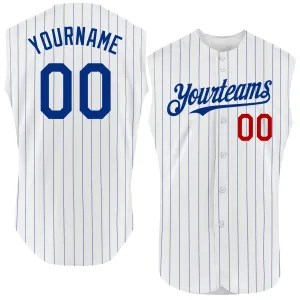Custom White Royal Pinstripe Red Authentic Sleeveless Baseball Jersey