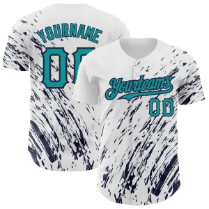 Custom White Teal-Navy 3D Pattern Design Abstract Splash Authentic Baseball Jersey