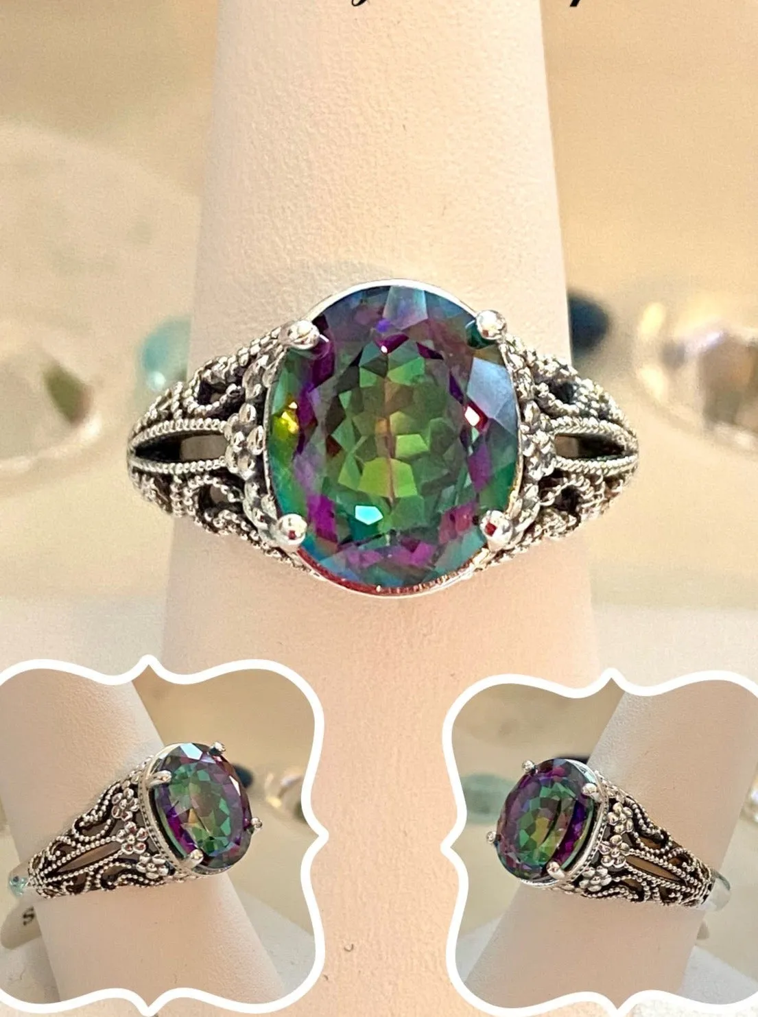 D171 Blossom Ring, Natural or Simulated Oval Gemstone, Vintage Jewelry D171