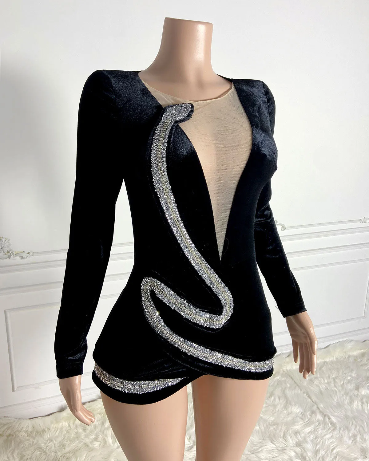 Deep-V Rhinestone Mini Bodycon Dress HT2784
