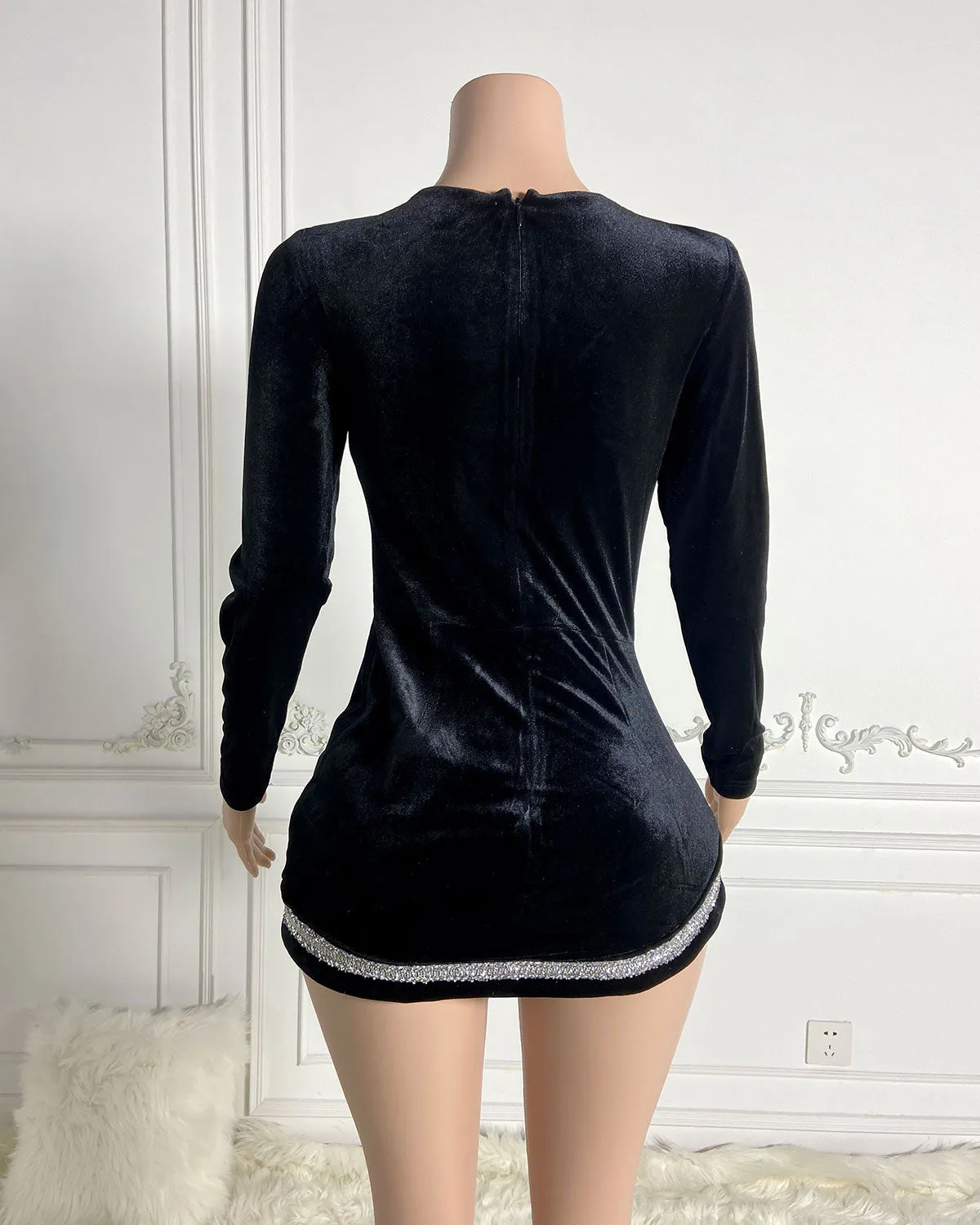 Deep-V Rhinestone Mini Bodycon Dress HT2784