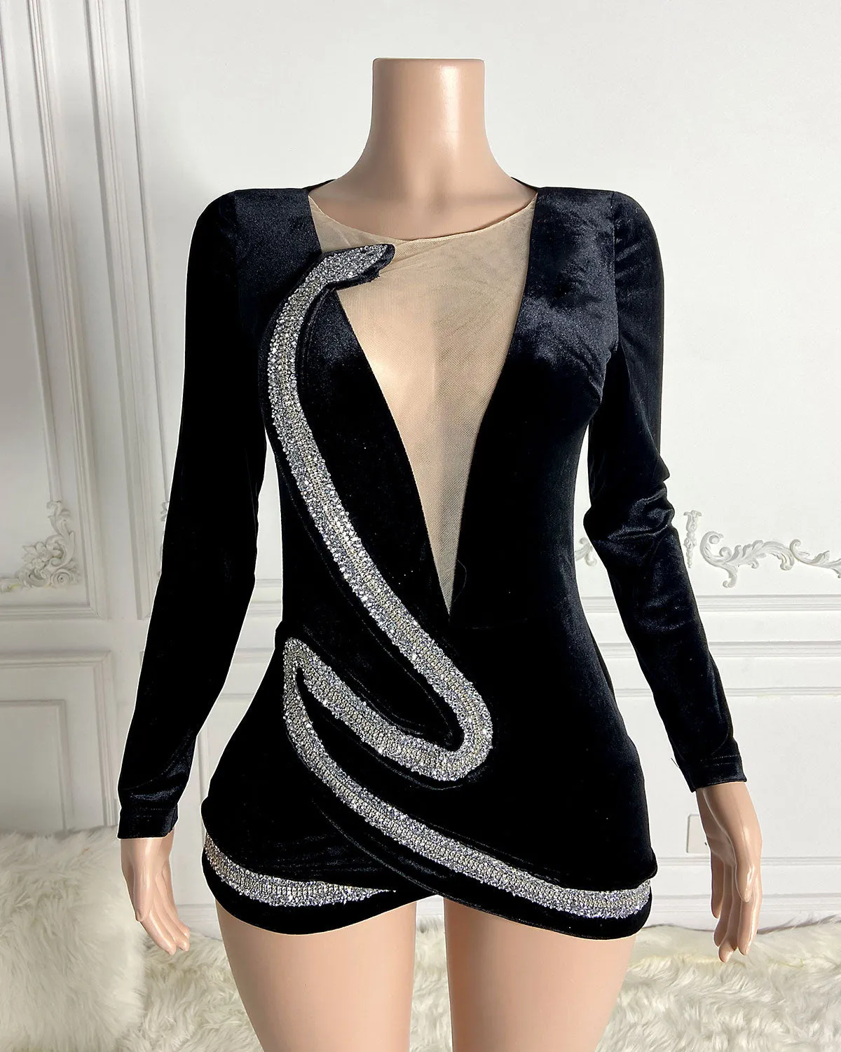 Deep-V Rhinestone Mini Bodycon Dress HT2784