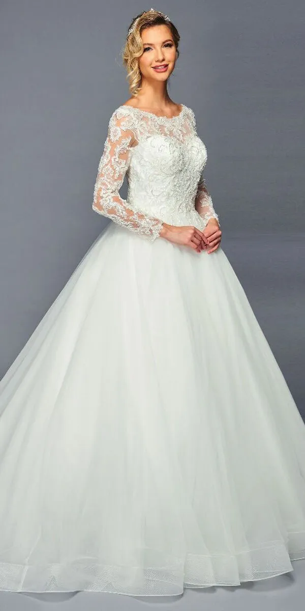 DeKlaire Bridal 471 Long Sleeve Boat Neck A-Line Ballgown Chapel Train Wedding Dress