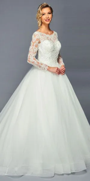 DeKlaire Bridal 471 Long Sleeve Boat Neck A-Line Ballgown Chapel Train Wedding Dress