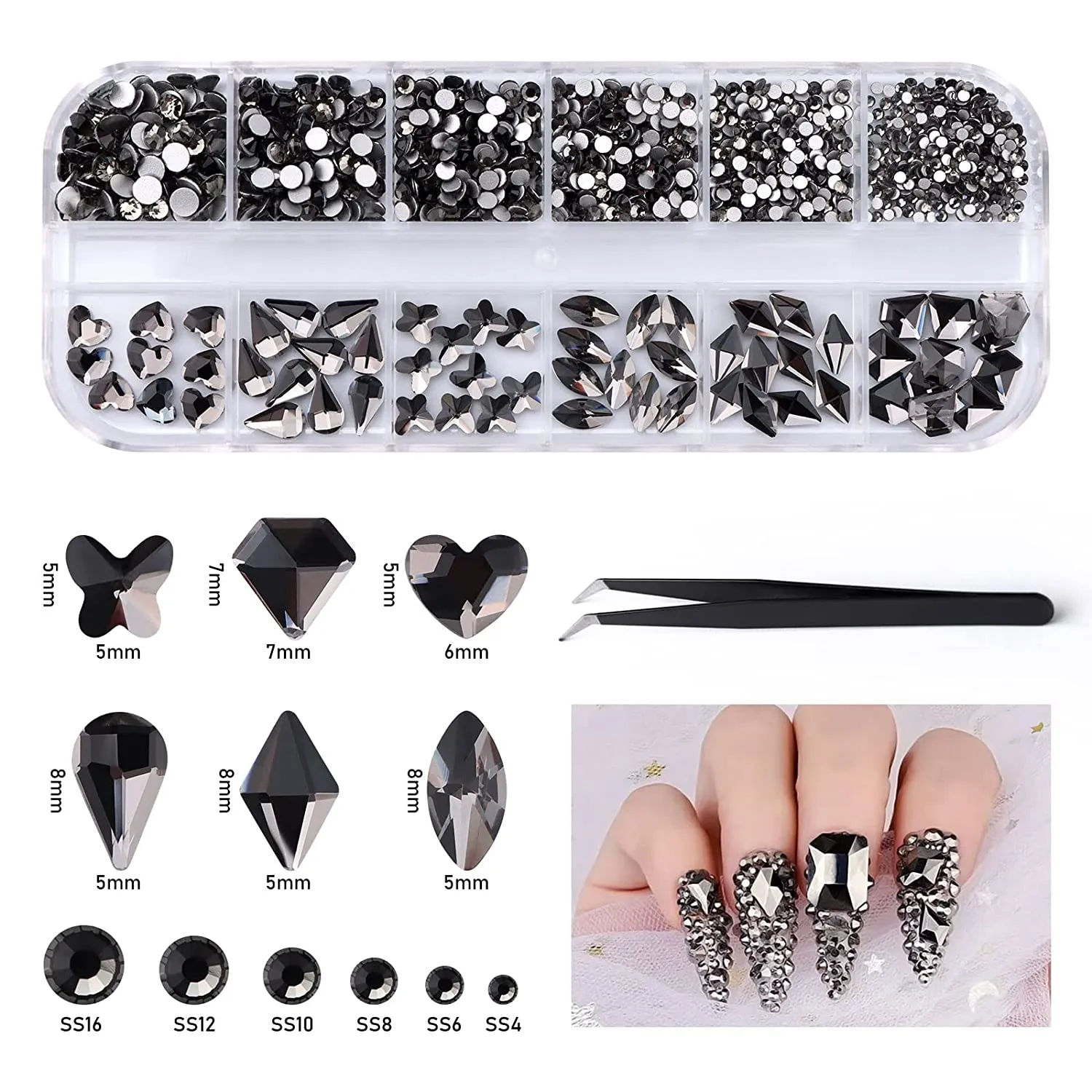 EBANKU Red Nail Rhinestones Hearts Butterfly Round Shaped Nail Art Crystals Diamonds Flat Back Rhinestones 3D Diamond Stone Nail Gems with Tweezers