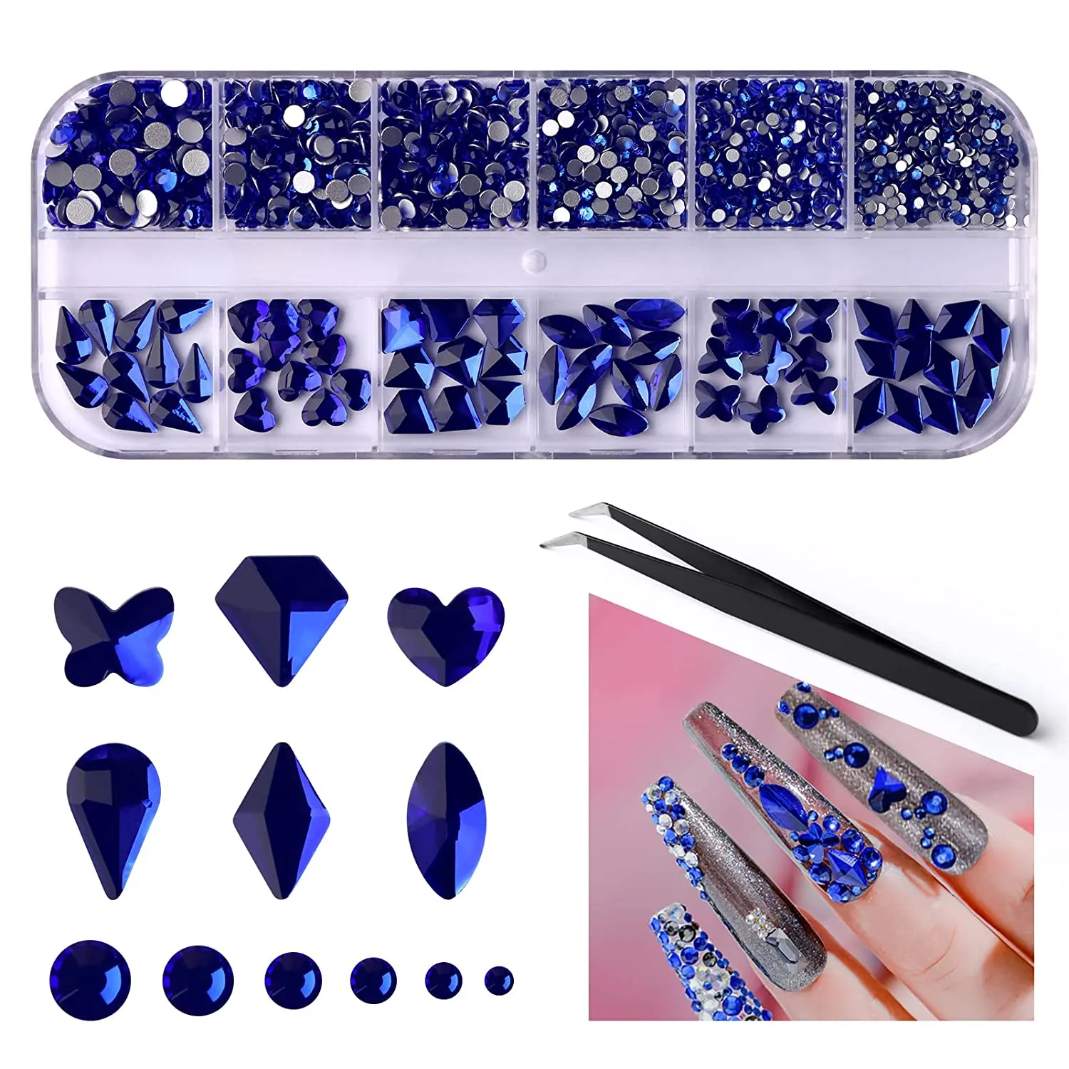 EBANKU Red Nail Rhinestones Hearts Butterfly Round Shaped Nail Art Crystals Diamonds Flat Back Rhinestones 3D Diamond Stone Nail Gems with Tweezers