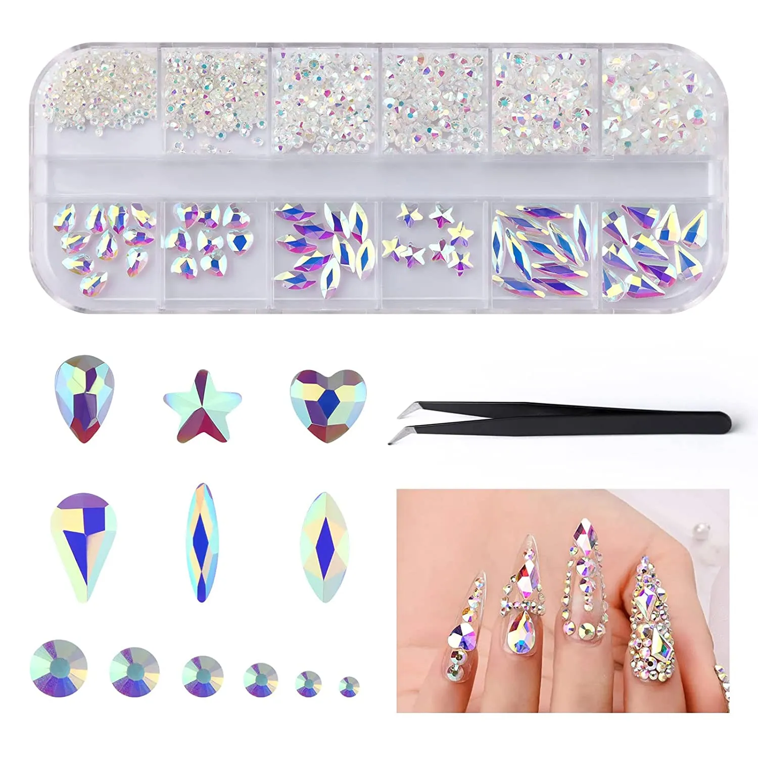 EBANKU Red Nail Rhinestones Hearts Butterfly Round Shaped Nail Art Crystals Diamonds Flat Back Rhinestones 3D Diamond Stone Nail Gems with Tweezers