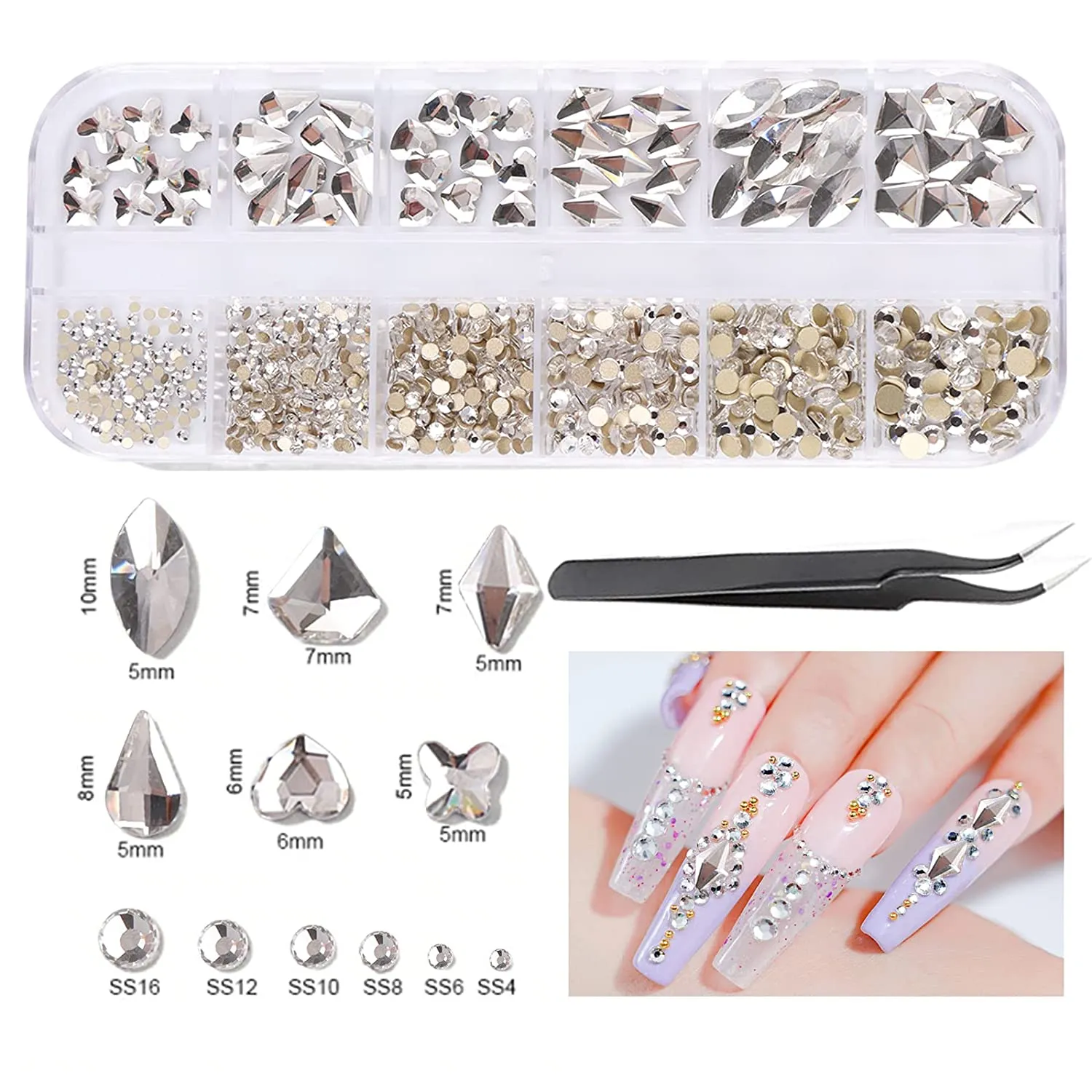 EBANKU Red Nail Rhinestones Hearts Butterfly Round Shaped Nail Art Crystals Diamonds Flat Back Rhinestones 3D Diamond Stone Nail Gems with Tweezers
