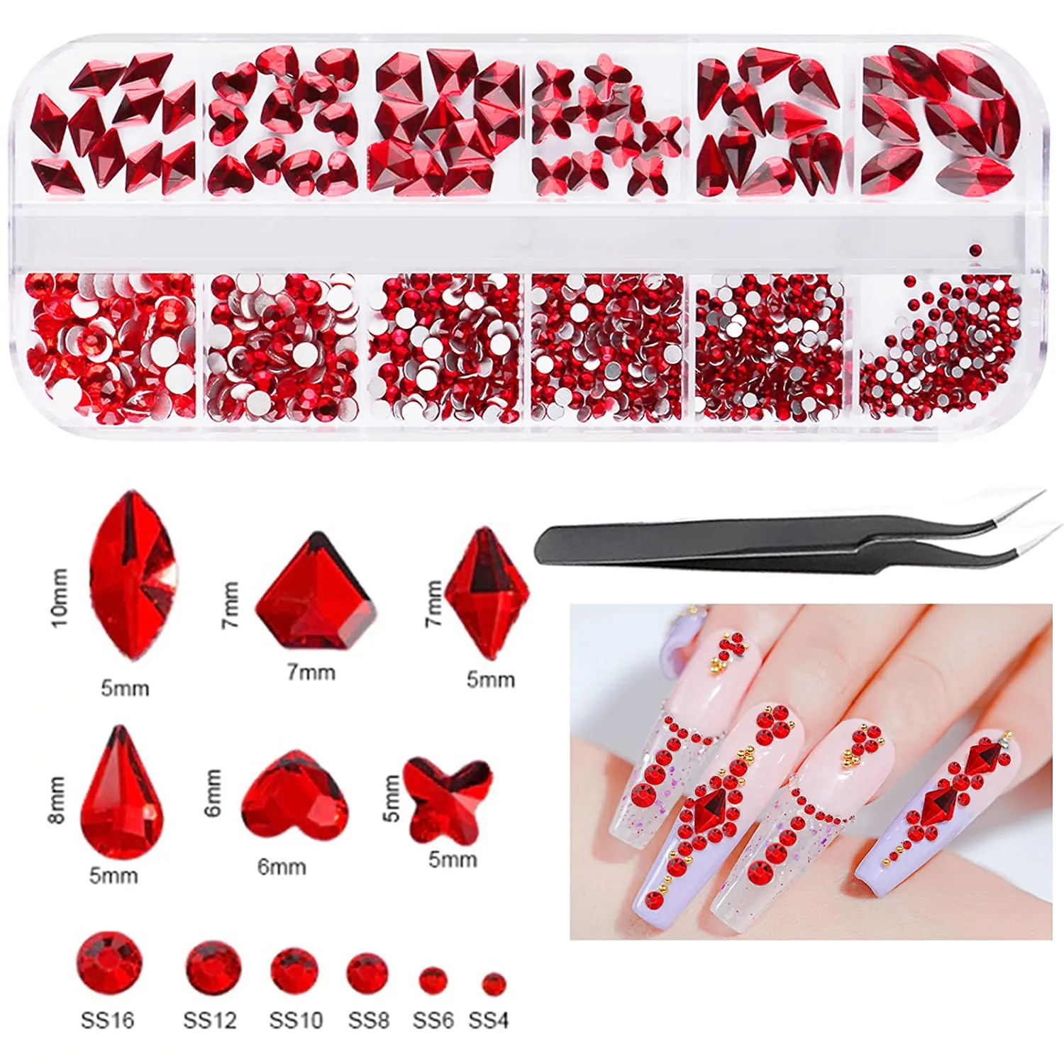 EBANKU Red Nail Rhinestones Hearts Butterfly Round Shaped Nail Art Crystals Diamonds Flat Back Rhinestones 3D Diamond Stone Nail Gems with Tweezers