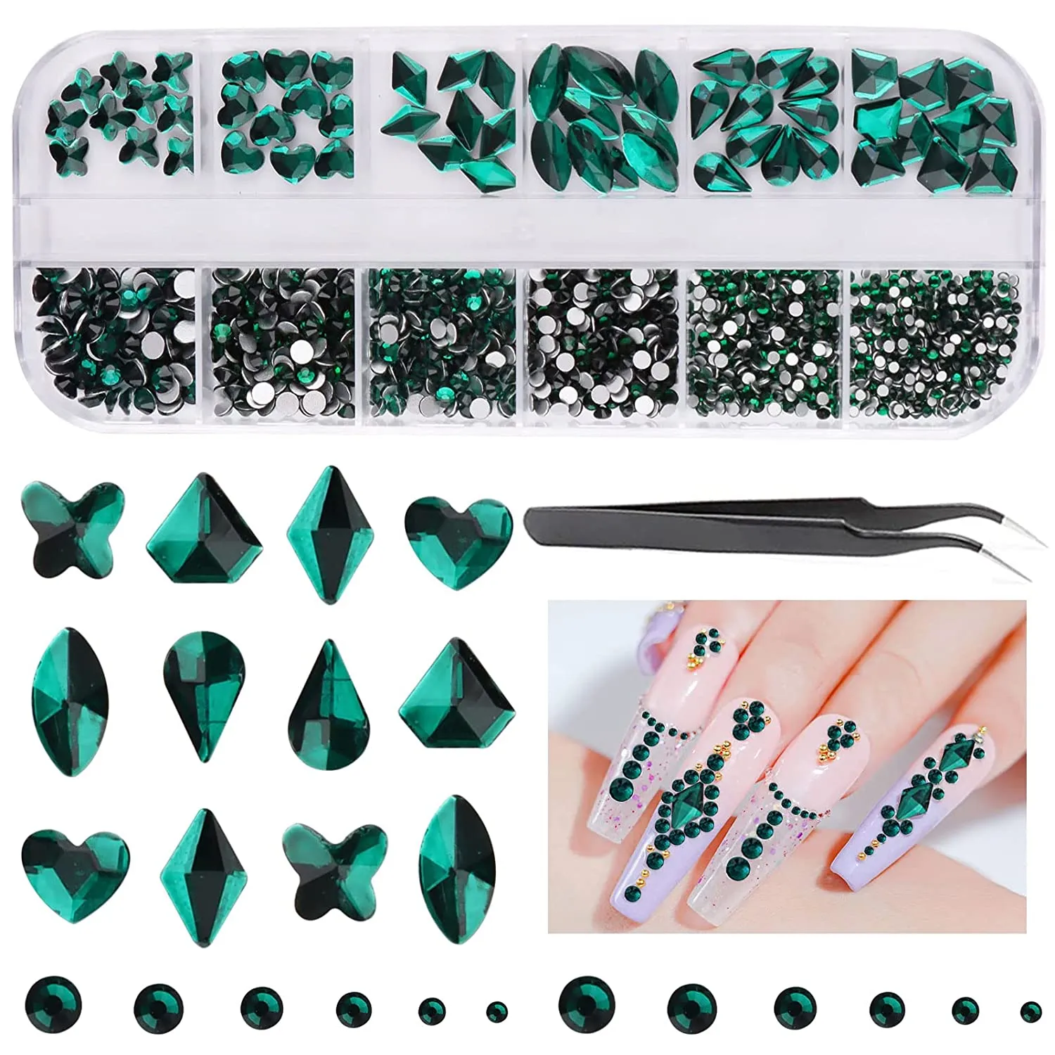 EBANKU Red Nail Rhinestones Hearts Butterfly Round Shaped Nail Art Crystals Diamonds Flat Back Rhinestones 3D Diamond Stone Nail Gems with Tweezers
