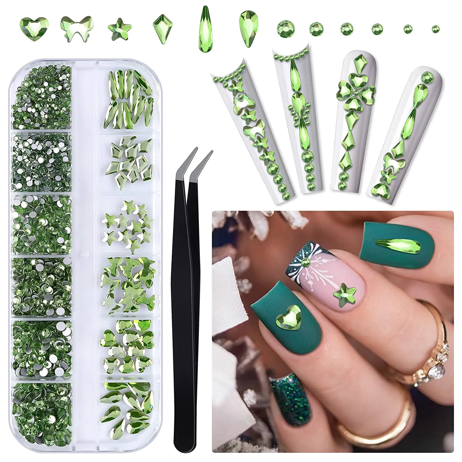 EBANKU Red Nail Rhinestones Hearts Butterfly Round Shaped Nail Art Crystals Diamonds Flat Back Rhinestones 3D Diamond Stone Nail Gems with Tweezers