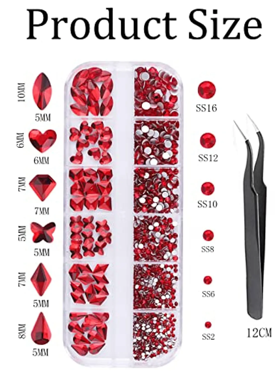 EBANKU Red Nail Rhinestones Hearts Butterfly Round Shaped Nail Art Crystals Diamonds Flat Back Rhinestones 3D Diamond Stone Nail Gems with Tweezers