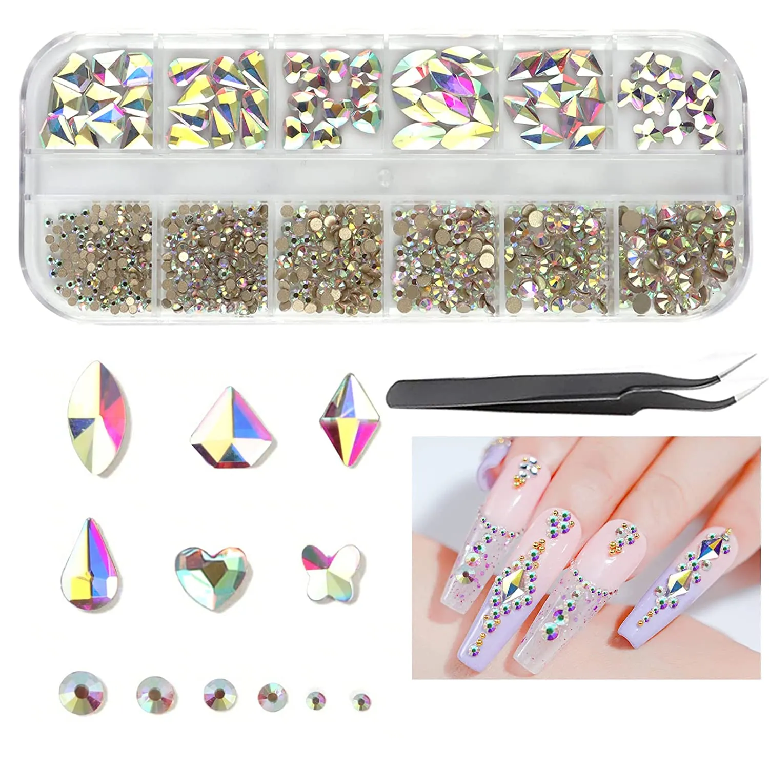 EBANKU Red Nail Rhinestones Hearts Butterfly Round Shaped Nail Art Crystals Diamonds Flat Back Rhinestones 3D Diamond Stone Nail Gems with Tweezers
