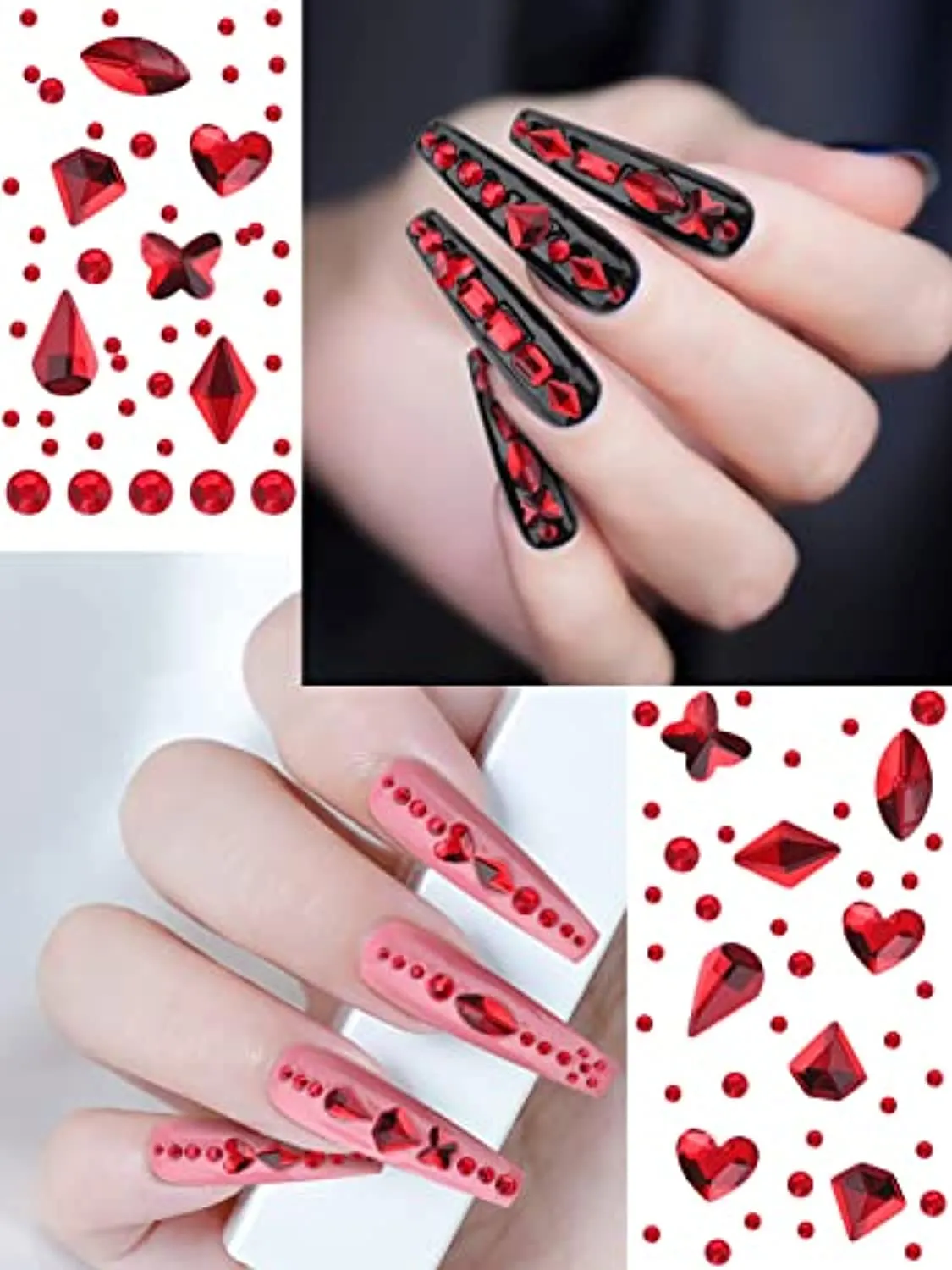 EBANKU Red Nail Rhinestones Hearts Butterfly Round Shaped Nail Art Crystals Diamonds Flat Back Rhinestones 3D Diamond Stone Nail Gems with Tweezers
