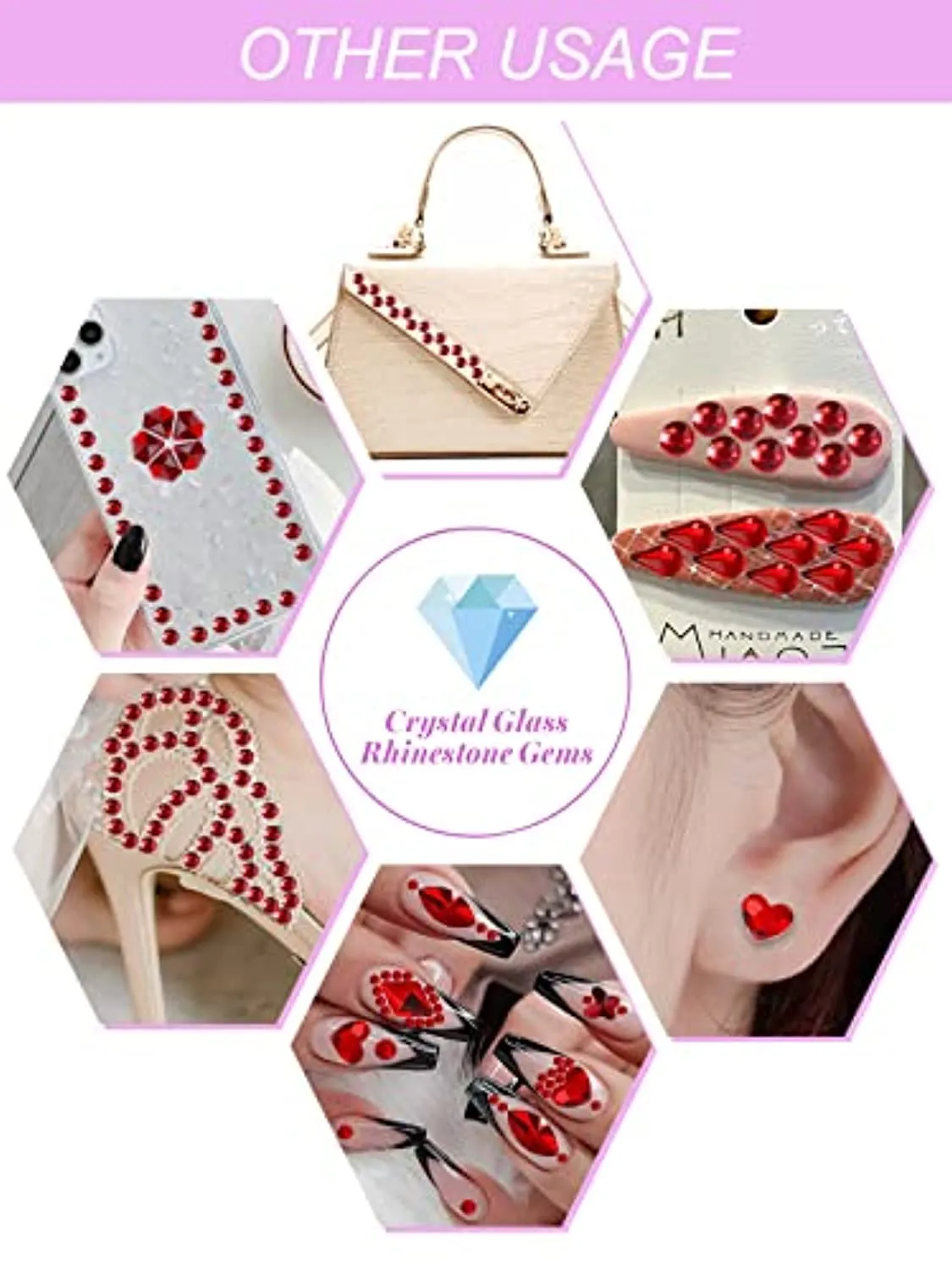 EBANKU Red Nail Rhinestones Hearts Butterfly Round Shaped Nail Art Crystals Diamonds Flat Back Rhinestones 3D Diamond Stone Nail Gems with Tweezers