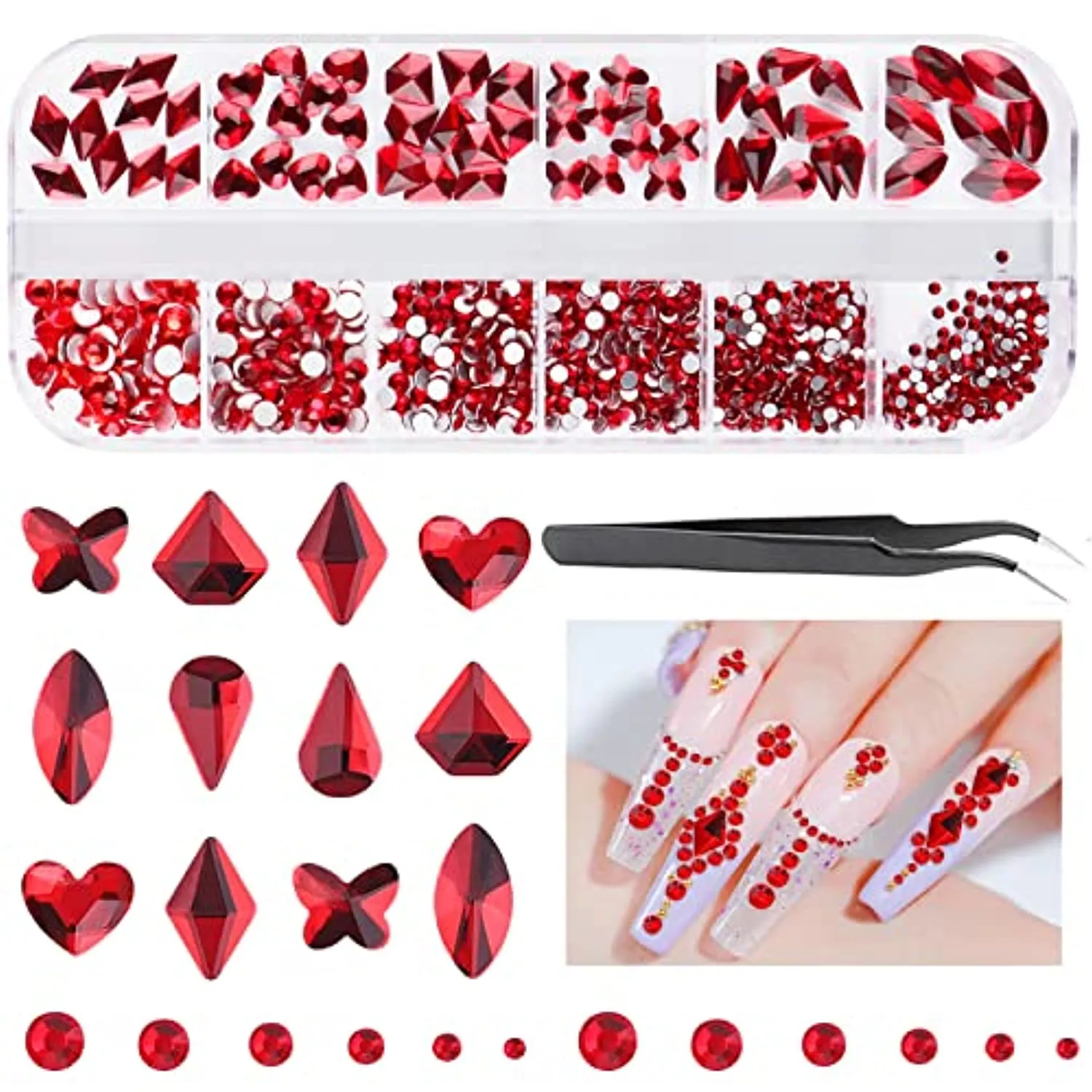 EBANKU Red Nail Rhinestones Hearts Butterfly Round Shaped Nail Art Crystals Diamonds Flat Back Rhinestones 3D Diamond Stone Nail Gems with Tweezers