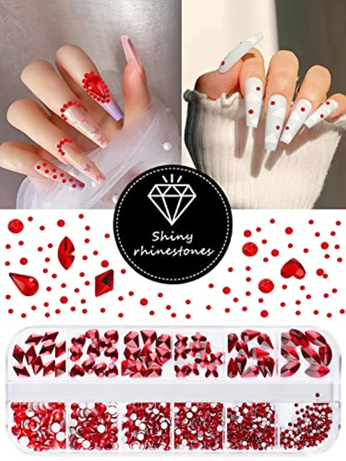 EBANKU Red Nail Rhinestones Hearts Butterfly Round Shaped Nail Art Crystals Diamonds Flat Back Rhinestones 3D Diamond Stone Nail Gems with Tweezers