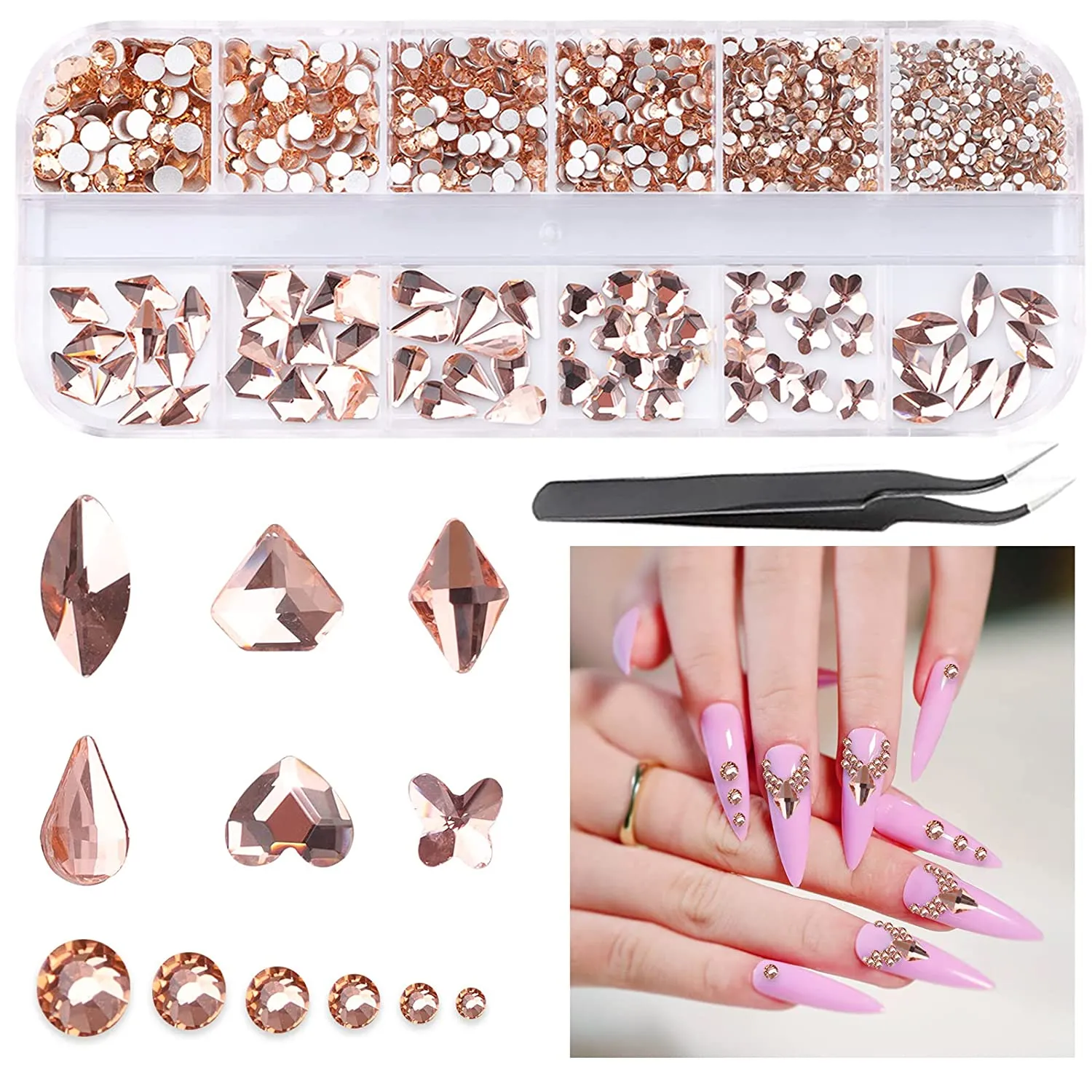 EBANKU Red Nail Rhinestones Hearts Butterfly Round Shaped Nail Art Crystals Diamonds Flat Back Rhinestones 3D Diamond Stone Nail Gems with Tweezers
