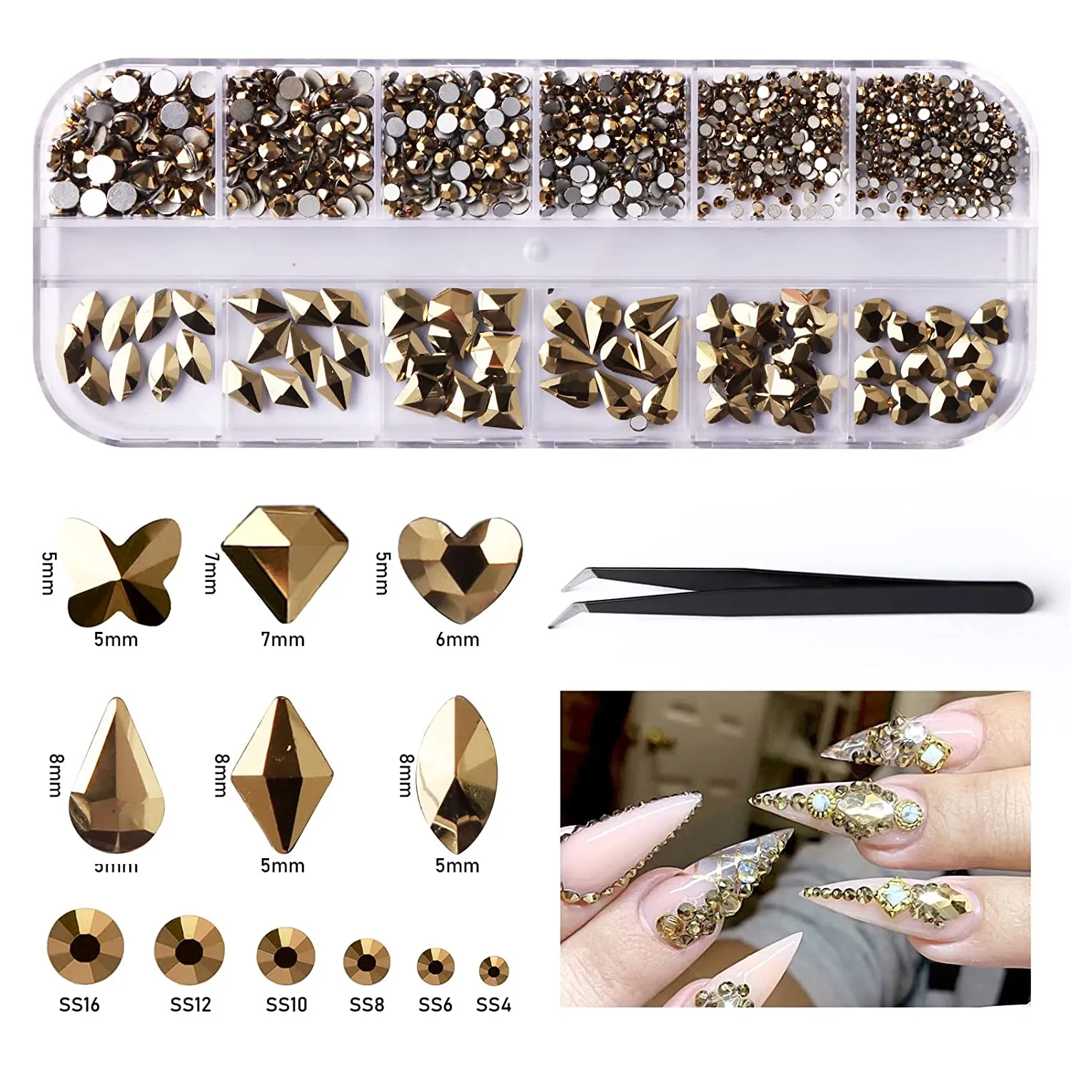 EBANKU Red Nail Rhinestones Hearts Butterfly Round Shaped Nail Art Crystals Diamonds Flat Back Rhinestones 3D Diamond Stone Nail Gems with Tweezers