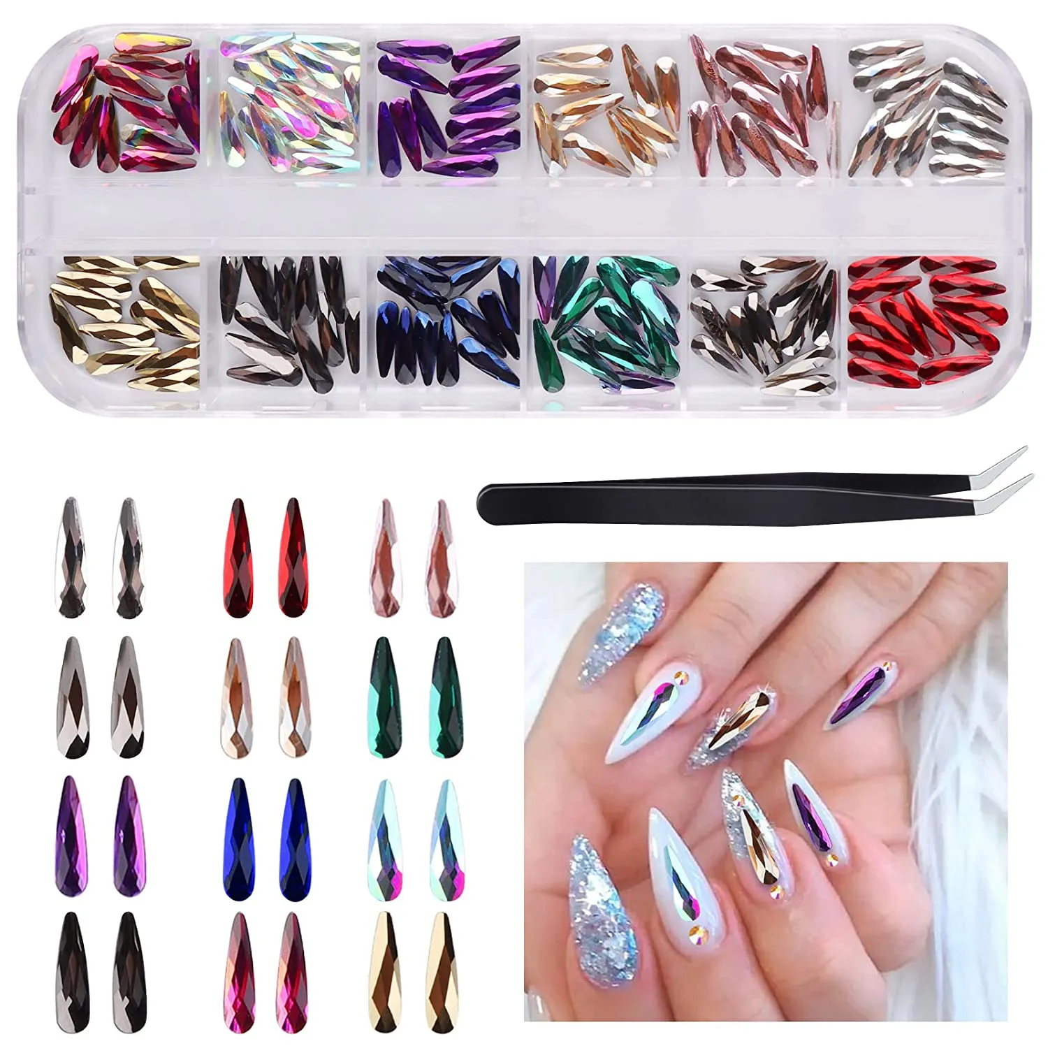 EBANKU Red Nail Rhinestones Hearts Butterfly Round Shaped Nail Art Crystals Diamonds Flat Back Rhinestones 3D Diamond Stone Nail Gems with Tweezers