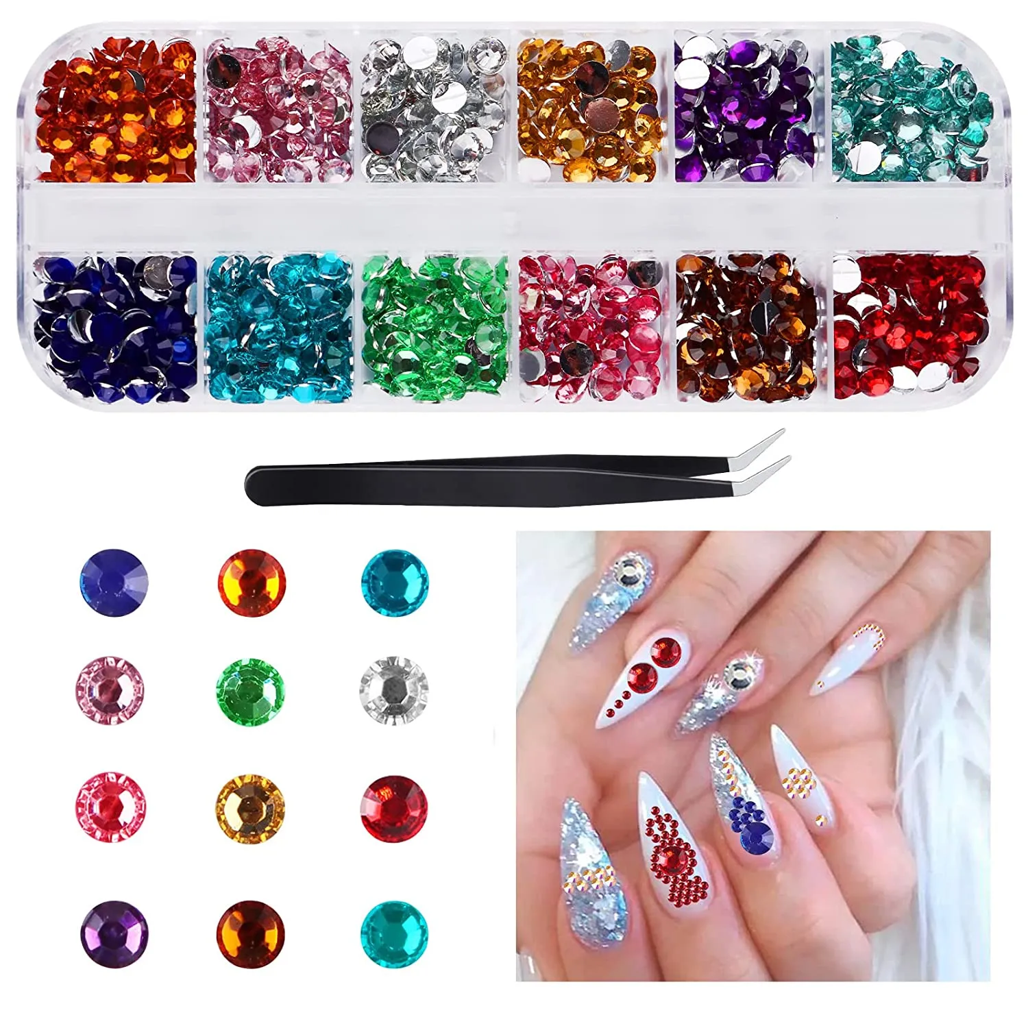 EBANKU Red Nail Rhinestones Hearts Butterfly Round Shaped Nail Art Crystals Diamonds Flat Back Rhinestones 3D Diamond Stone Nail Gems with Tweezers