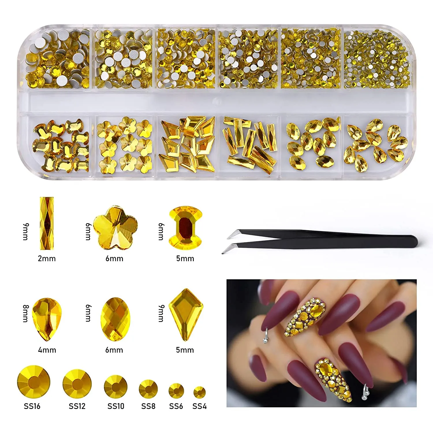 EBANKU Red Nail Rhinestones Hearts Butterfly Round Shaped Nail Art Crystals Diamonds Flat Back Rhinestones 3D Diamond Stone Nail Gems with Tweezers
