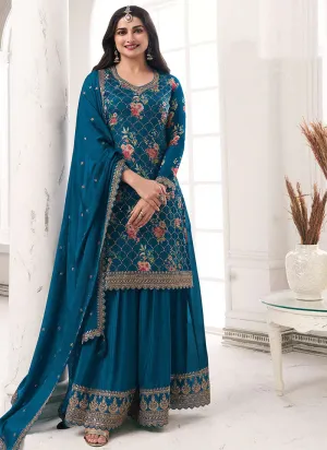 Effortless Blue Embroidered Sharara Style Suit