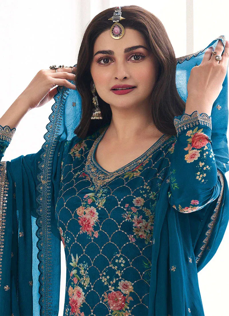 Effortless Blue Embroidered Sharara Style Suit