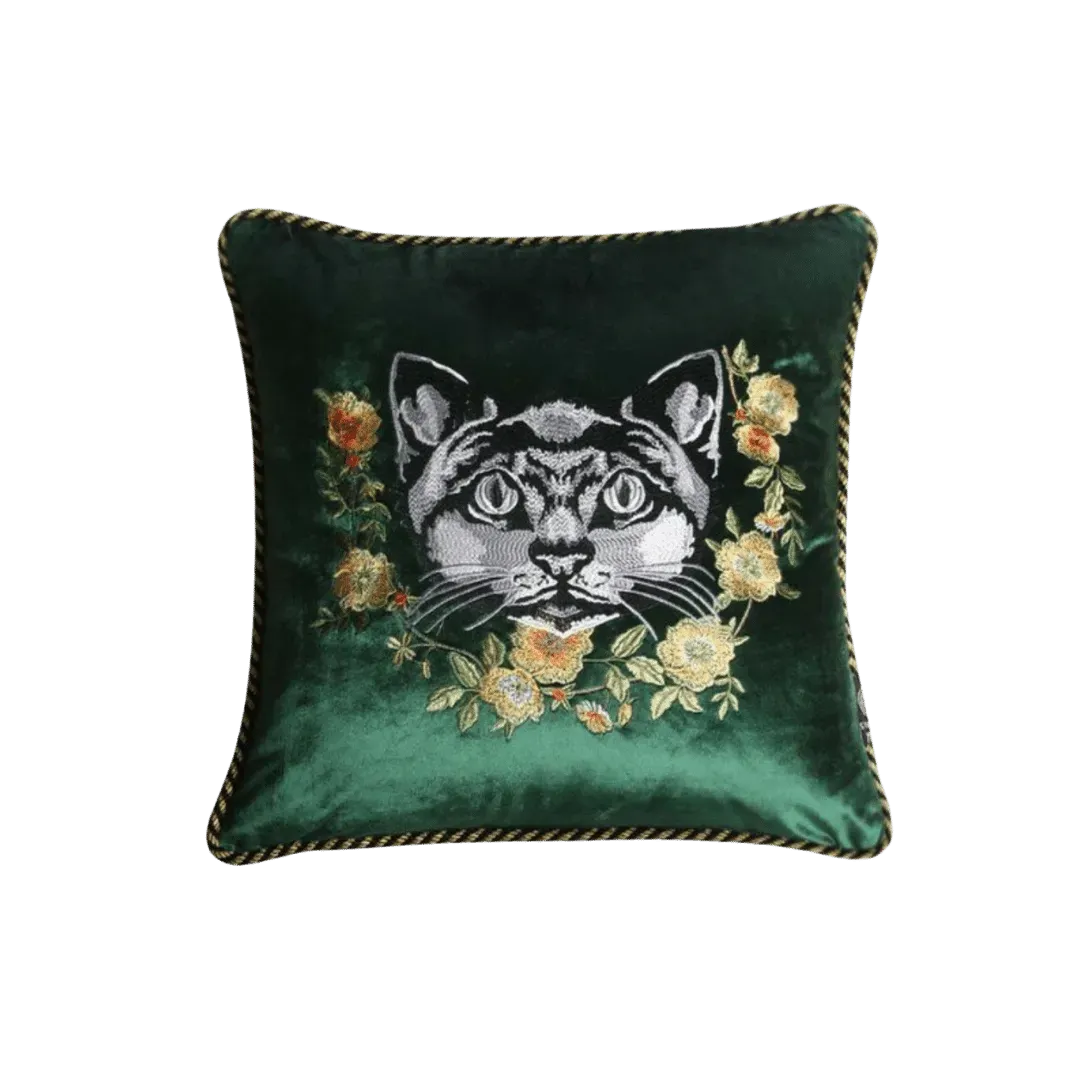 Embroidered Cat and Flowers Velvet Throw Pillow Cover - Green