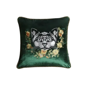 Embroidered Cat and Flowers Velvet Throw Pillow Cover - Green