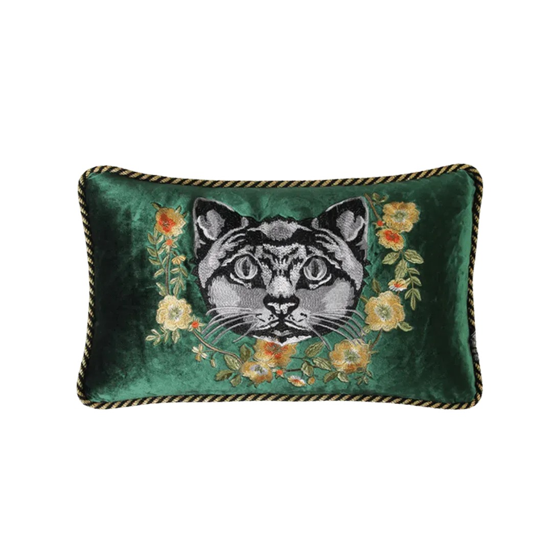 Embroidered Cat and Flowers Velvet Throw Pillow Cover - Green