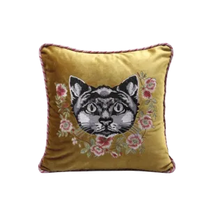 Embroidered Cat and Flowers Velvet Throw Pillow Cover - Yellow