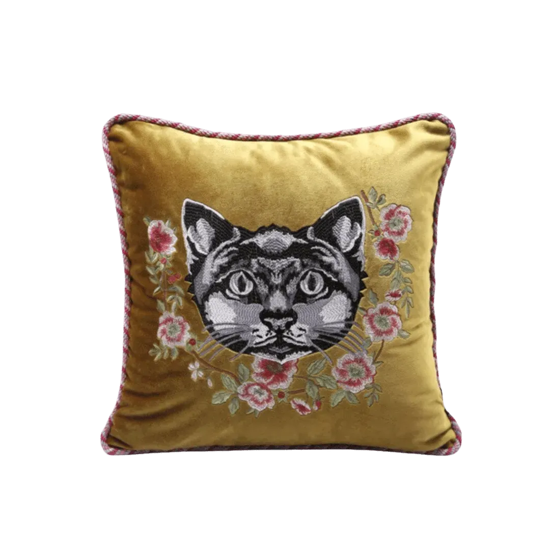 Embroidered Cat and Flowers Velvet Throw Pillow Cover - Yellow