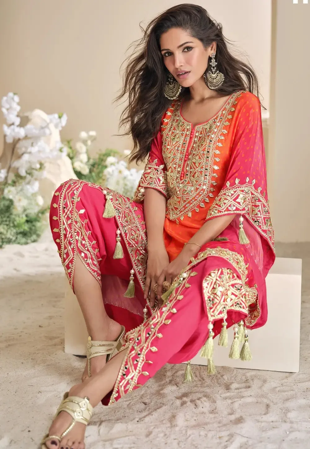 Embroidered Pink And Orange Kaftan Style Suit