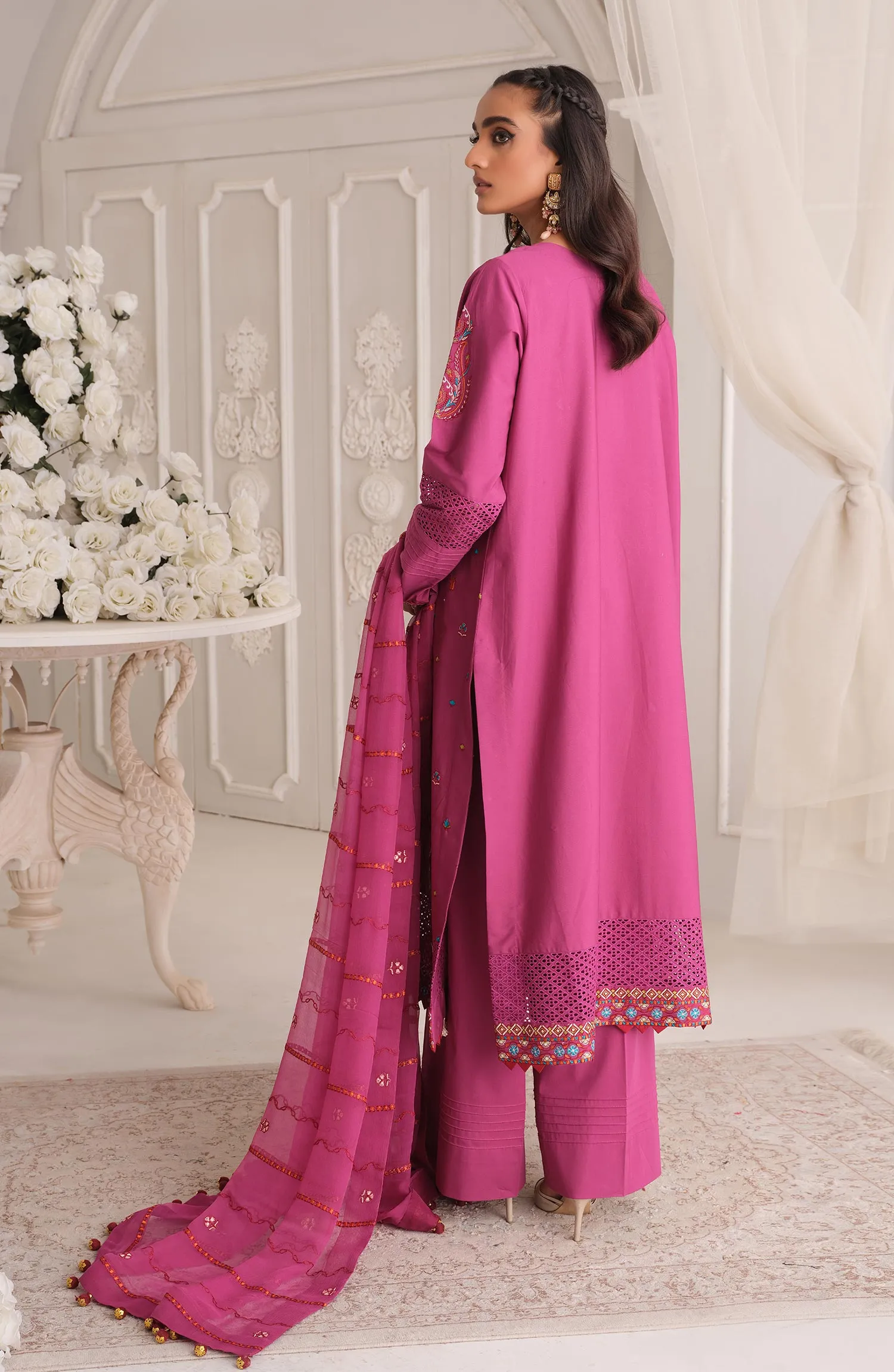 Embroidered Pink Salwar Kameez Trouser Dupatta Dress