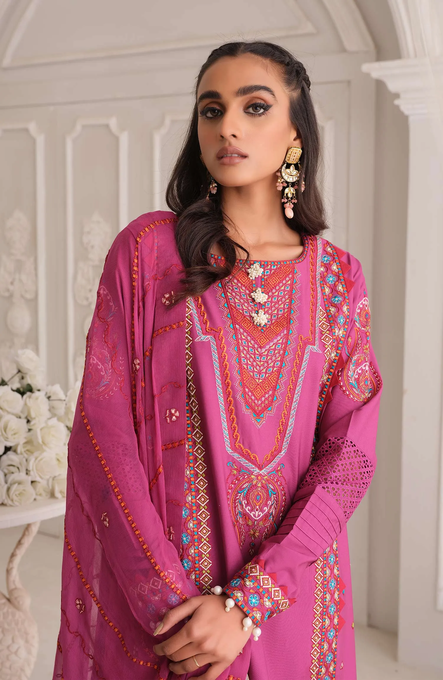 Embroidered Pink Salwar Kameez Trouser Dupatta Dress