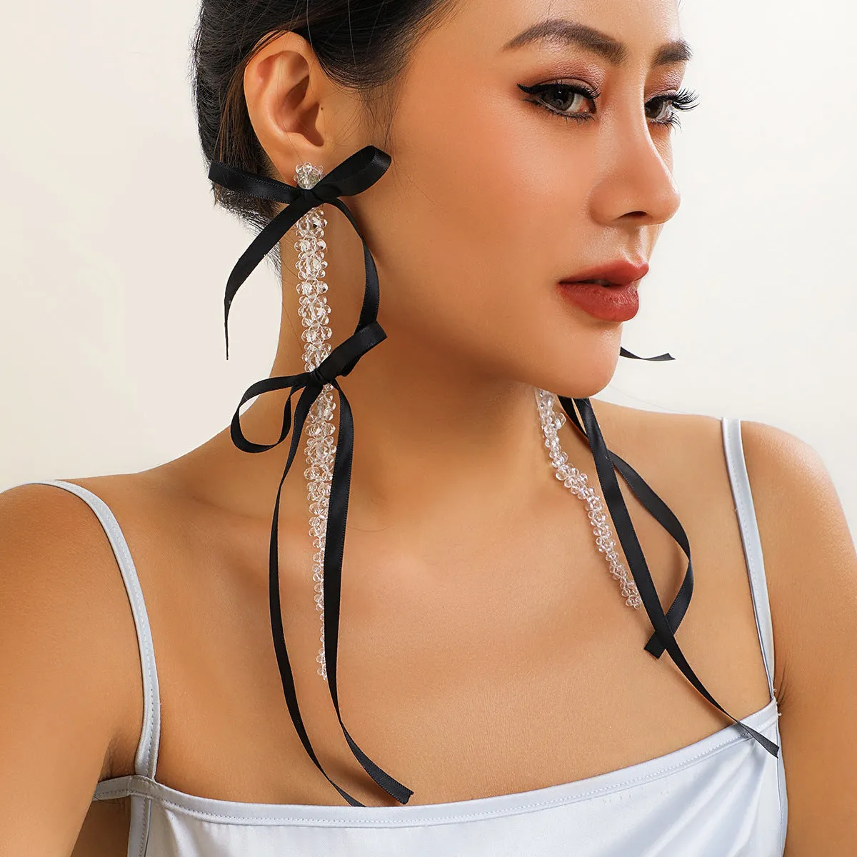 European and American Exaggerated Fabric Tassel Earrings Personalized Bow Ribbon Imitation Pearl Crystal Flowers Ear Studs Female Accessories