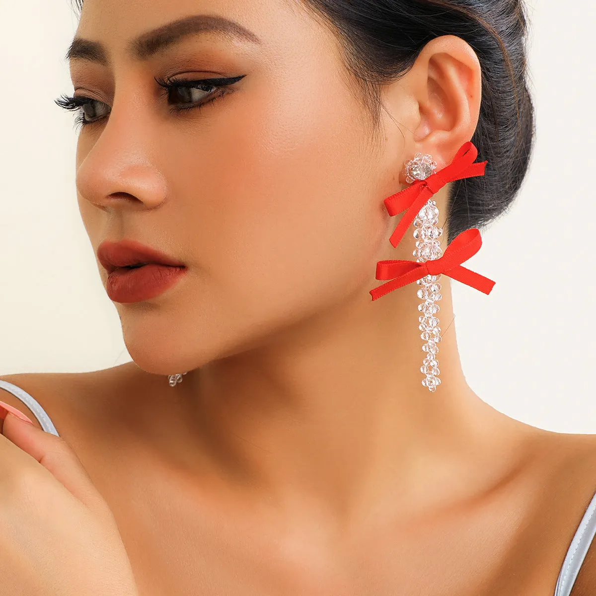 European and American Exaggerated Fabric Tassel Earrings Personalized Bow Ribbon Imitation Pearl Crystal Flowers Ear Studs Female Accessories