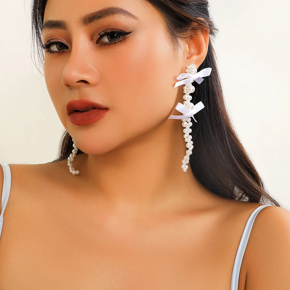 European and American Exaggerated Fabric Tassel Earrings Personalized Bow Ribbon Imitation Pearl Crystal Flowers Ear Studs Female Accessories