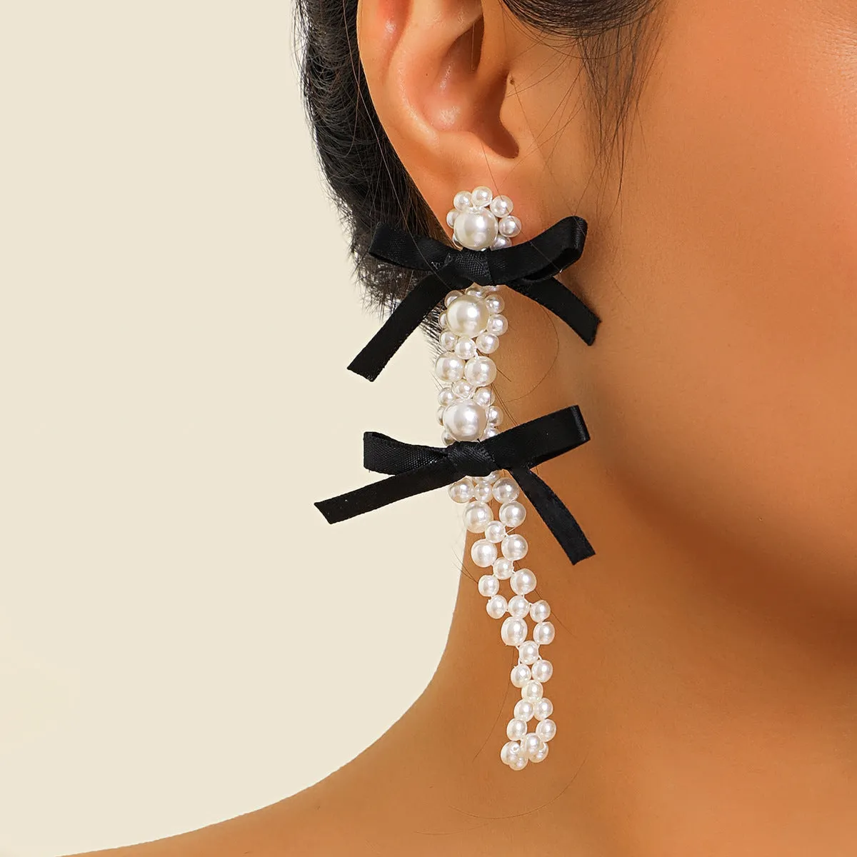 European and American Exaggerated Fabric Tassel Earrings Personalized Bow Ribbon Imitation Pearl Crystal Flowers Ear Studs Female Accessories