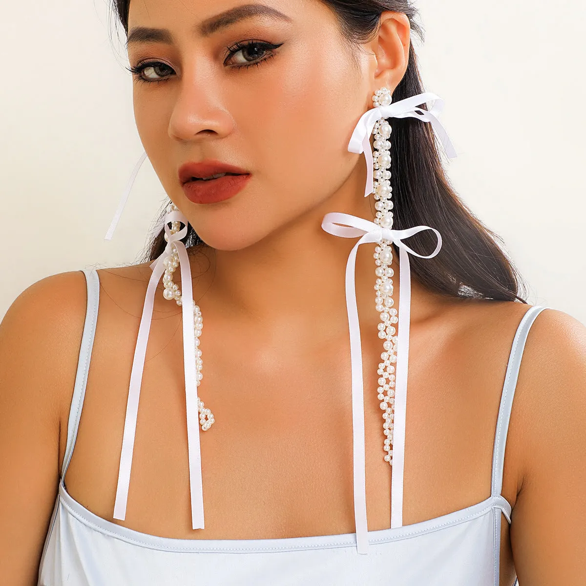 European and American Exaggerated Fabric Tassel Earrings Personalized Bow Ribbon Imitation Pearl Crystal Flowers Ear Studs Female Accessories