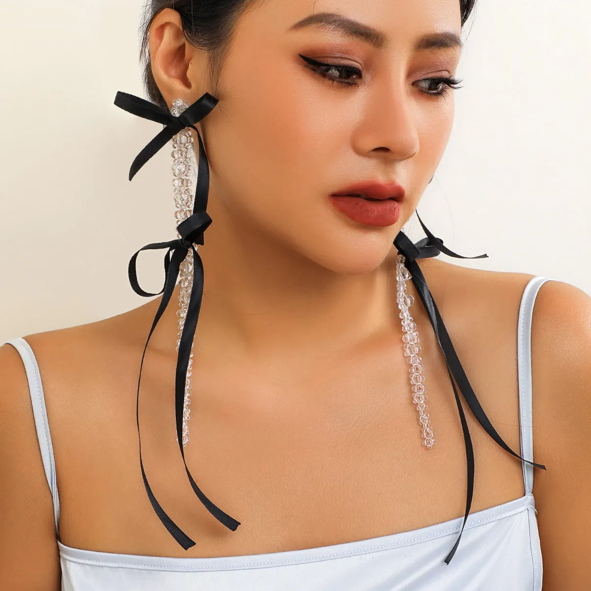 European and American Exaggerated Fabric Tassel Earrings Personalized Bow Ribbon Imitation Pearl Crystal Flowers Ear Studs Female Accessories