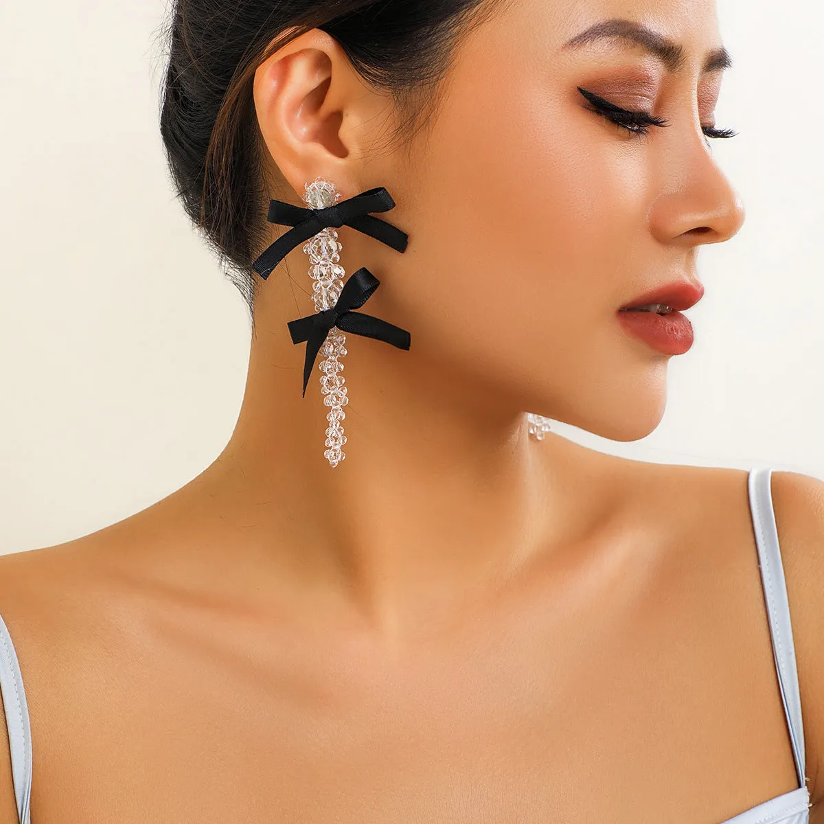 European and American Exaggerated Fabric Tassel Earrings Personalized Bow Ribbon Imitation Pearl Crystal Flowers Ear Studs Female Accessories