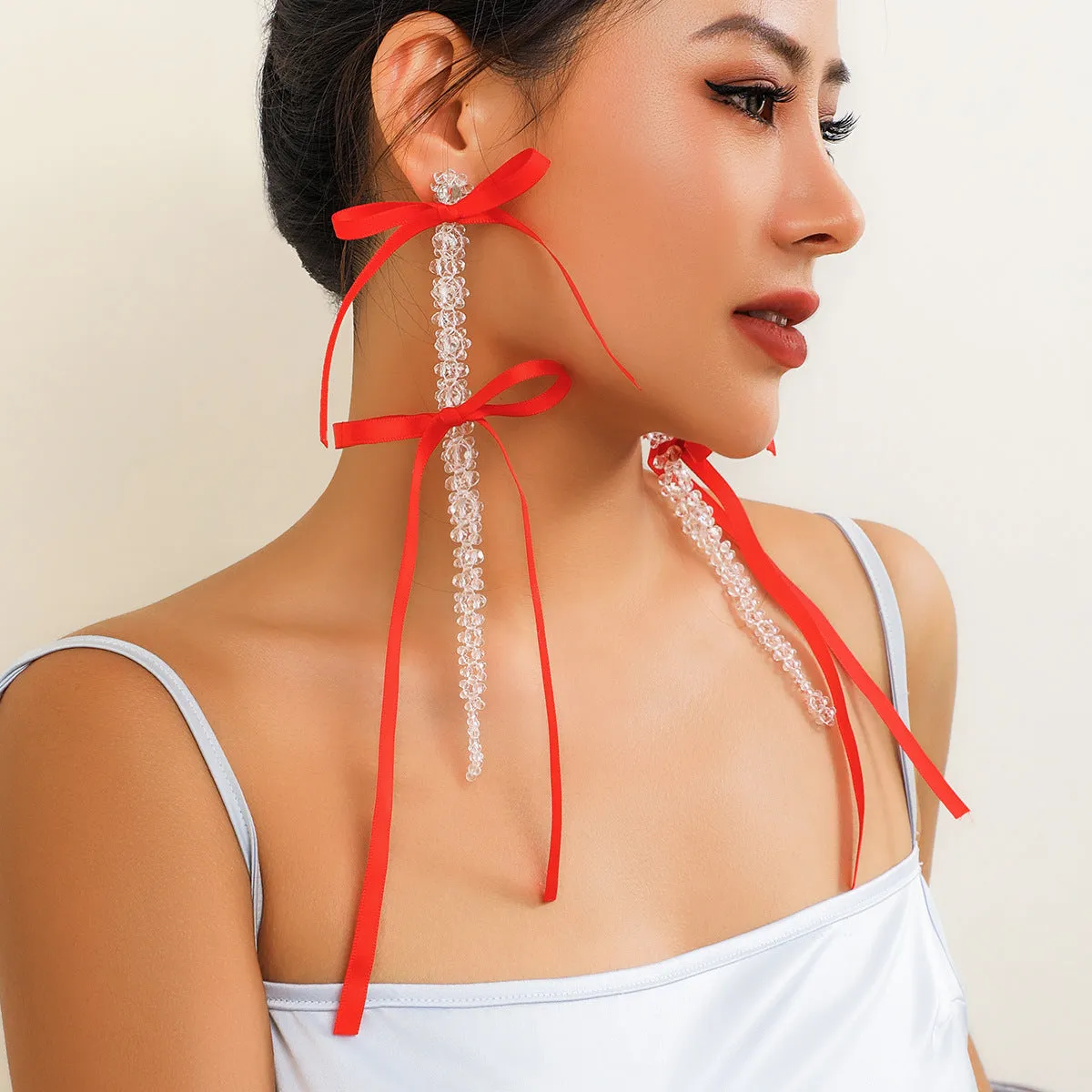 European and American Exaggerated Fabric Tassel Earrings Personalized Bow Ribbon Imitation Pearl Crystal Flowers Ear Studs Female Accessories