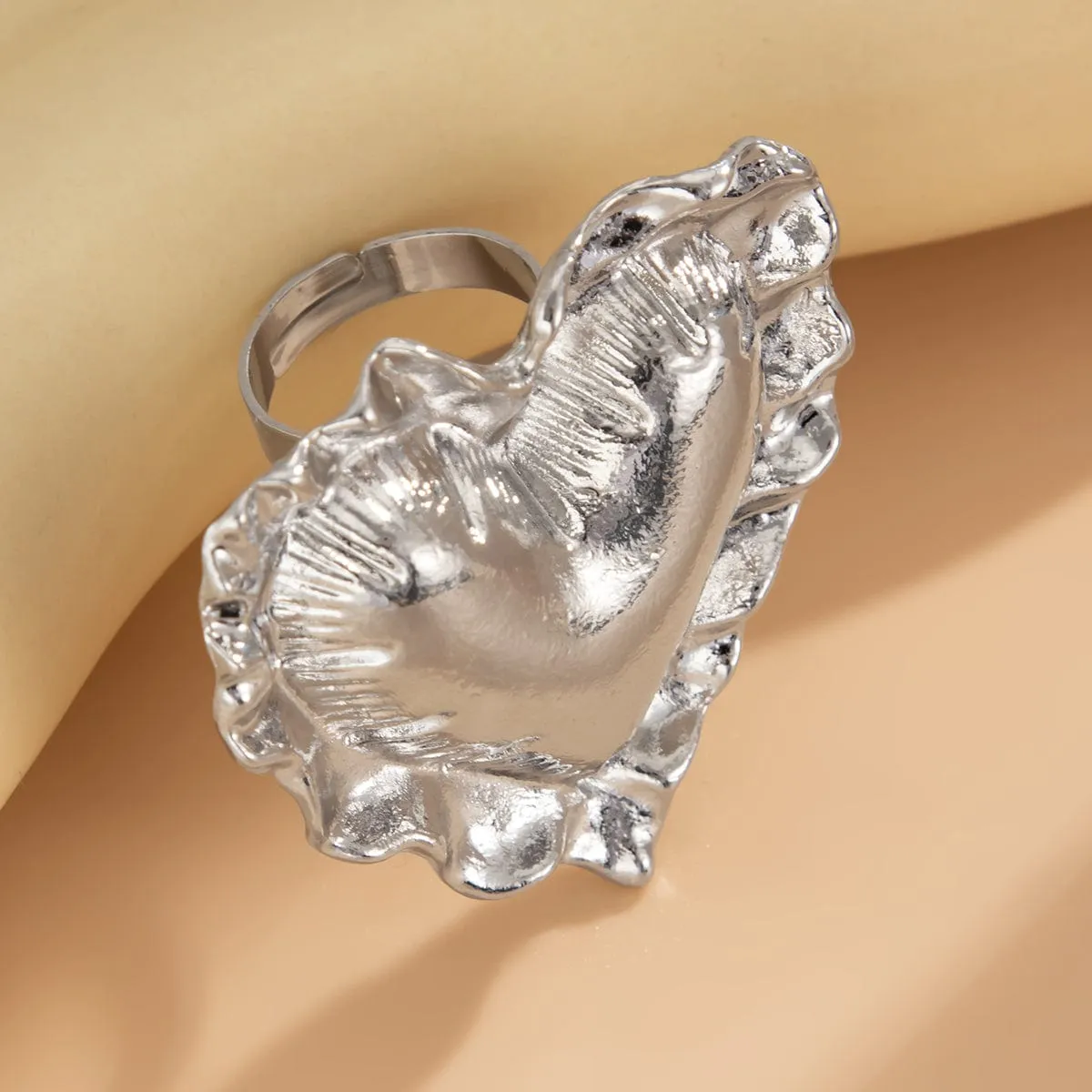 Exaggerated Gold Silver Tone Pleated Heart Ring