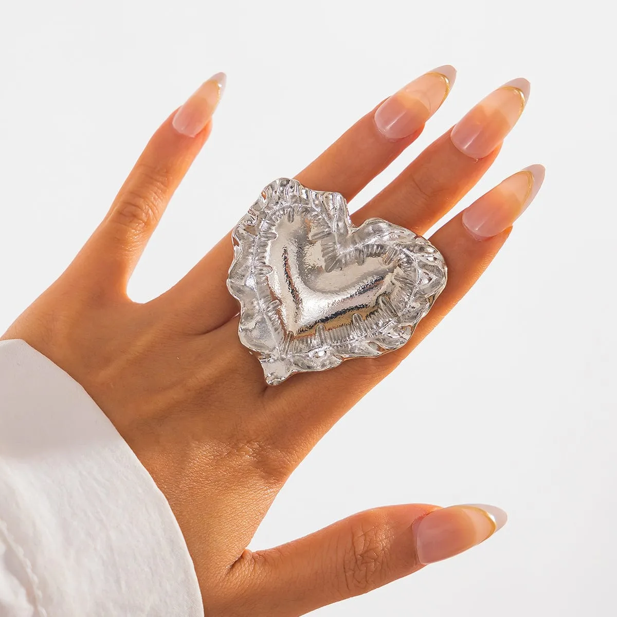 Exaggerated Gold Silver Tone Pleated Heart Ring
