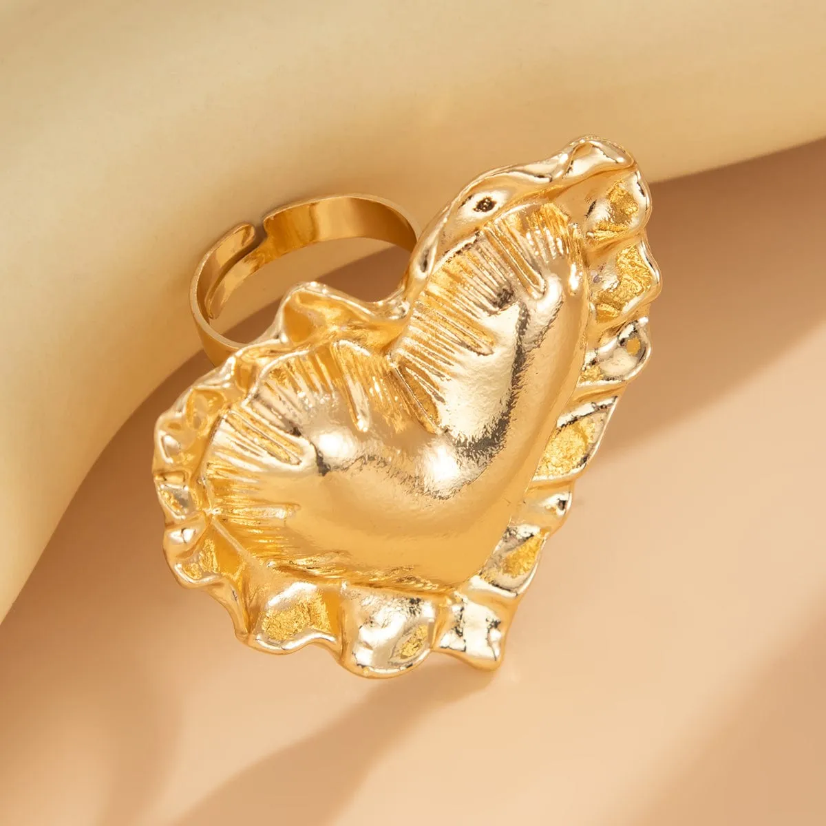 Exaggerated Gold Silver Tone Pleated Heart Ring