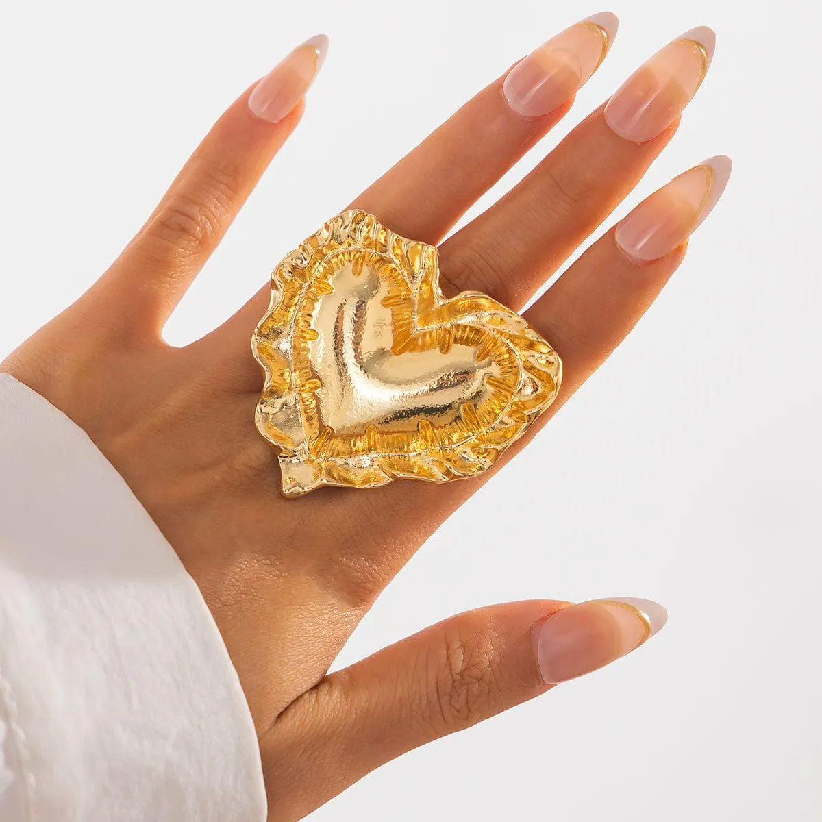 Exaggerated Gold Silver Tone Pleated Heart Ring