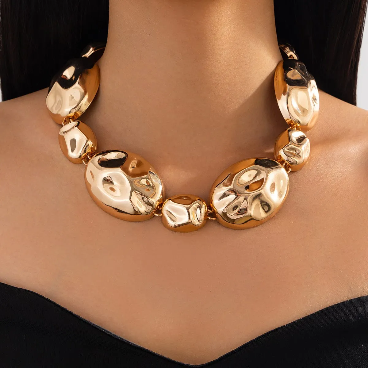 Exaggerated Gold Silver Tone Pleated Oval Dangle Earrings Necklace